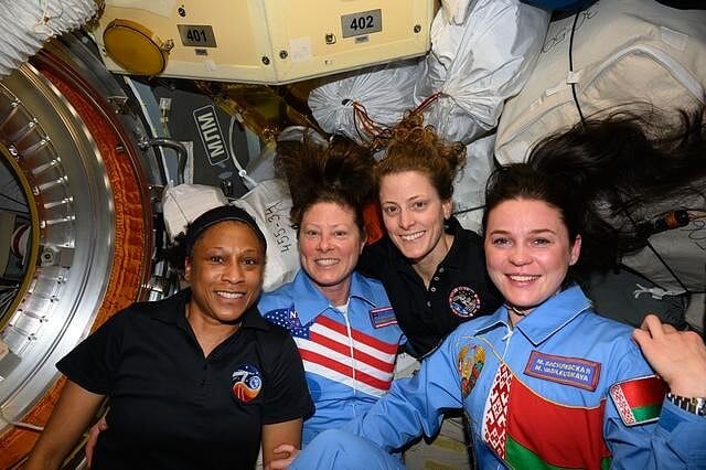 NASA astronauts Jeanette Epps, Tracy C. Dyson, and Loral O'Hara, and Belarus spaceflight participant Marina Vasilevskaya. Photo by NASA.